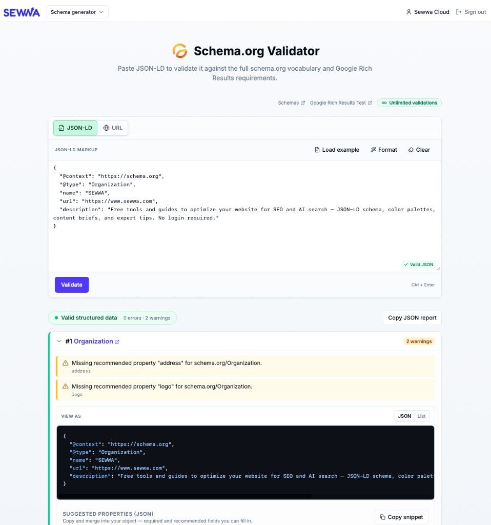 Schema.org Validator — JSON-LD tab with pasted Organization markup and validation results