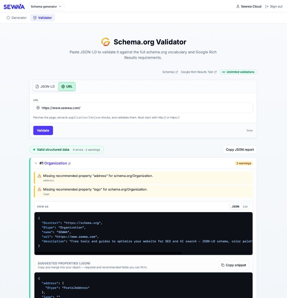 Schema.org Validator — URL tab fetching https://www.sewwa.com/ and reporting Organization warnings